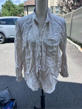 H&M Men's Light Beige Casual Button-Down Linen Shirt